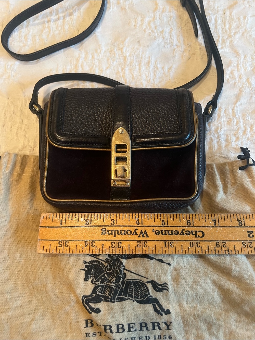 Burberry Dark Brown Leather and Deep Brown Velvet Crossbody with Gold Hardware - Picture 3 of 8